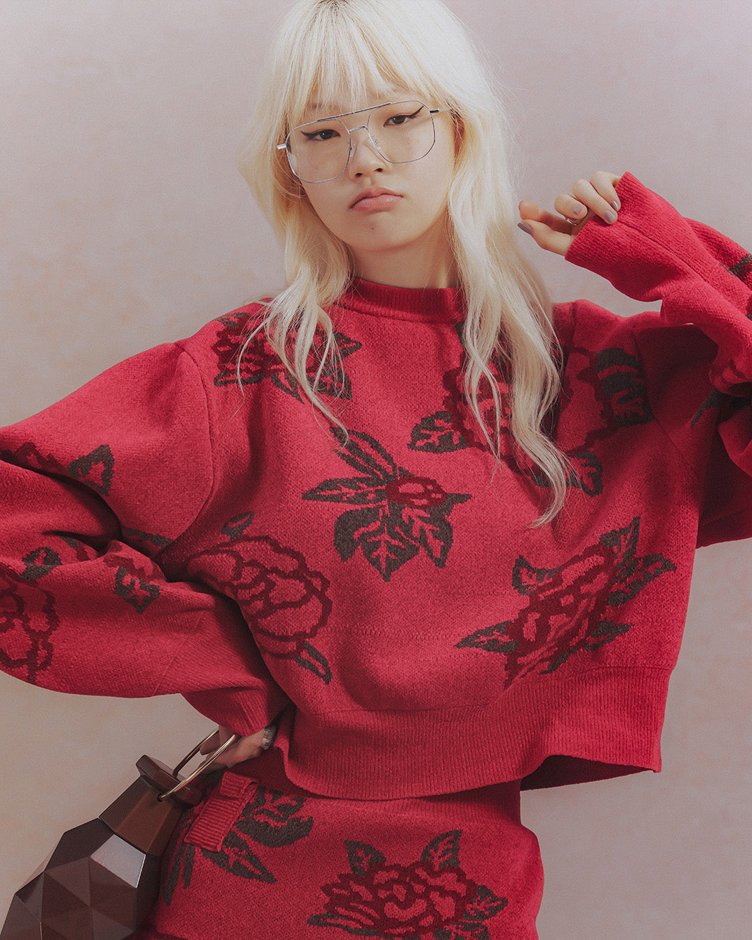 Sazanka jacquard-knit oversized sweater Red【予約販売：2026年9月～10月発送予定】