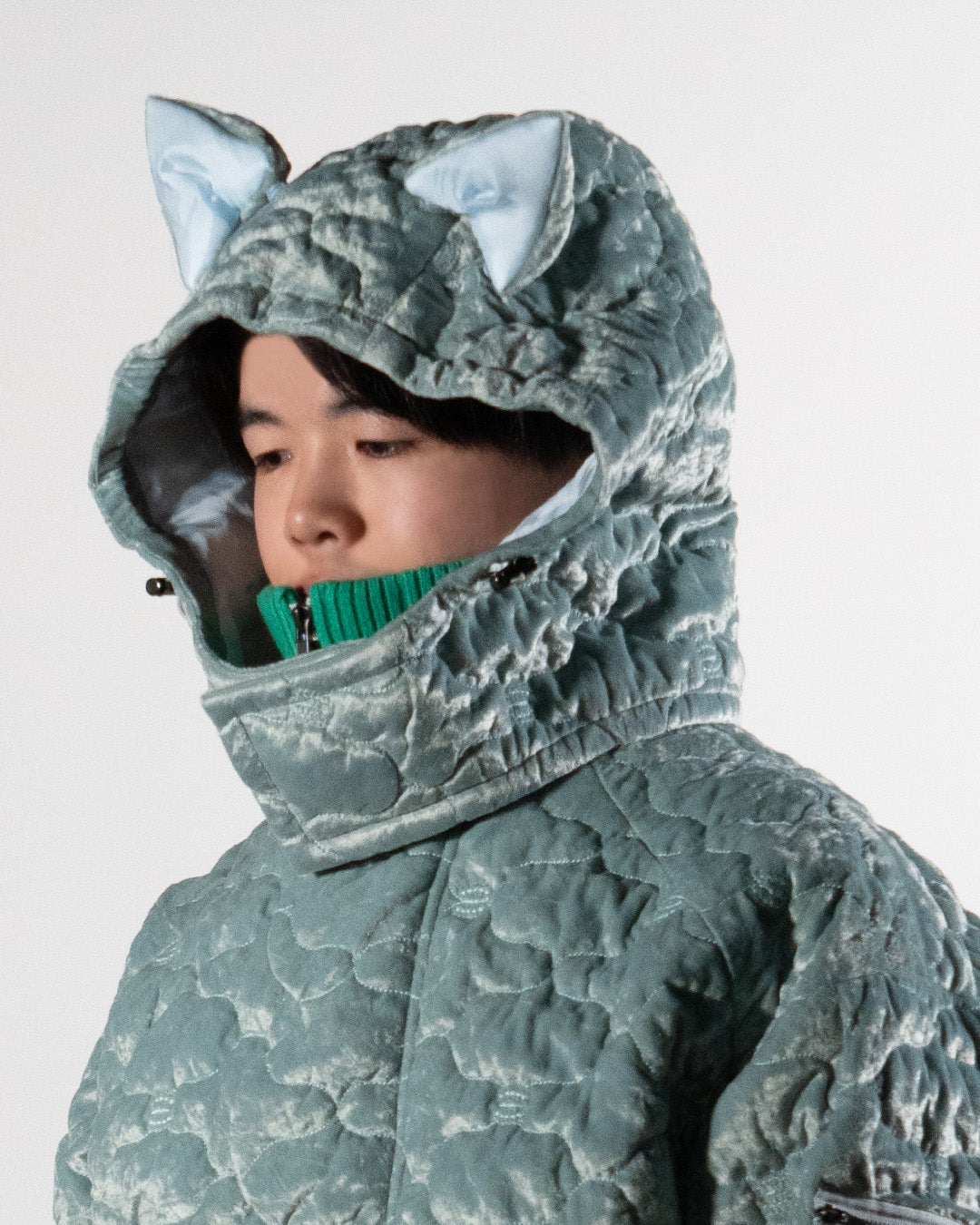 Sazanka quilted velour cat balaclava Mint green【予約販売：2026年9月～10月発送予定】