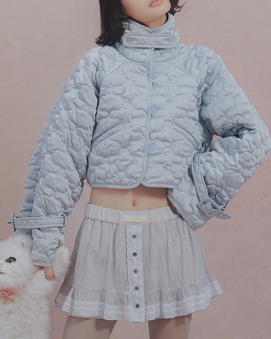 Sazanka cropped quilted satin jacket Ice gray【予約販売：2026年9月～10月発送予定】