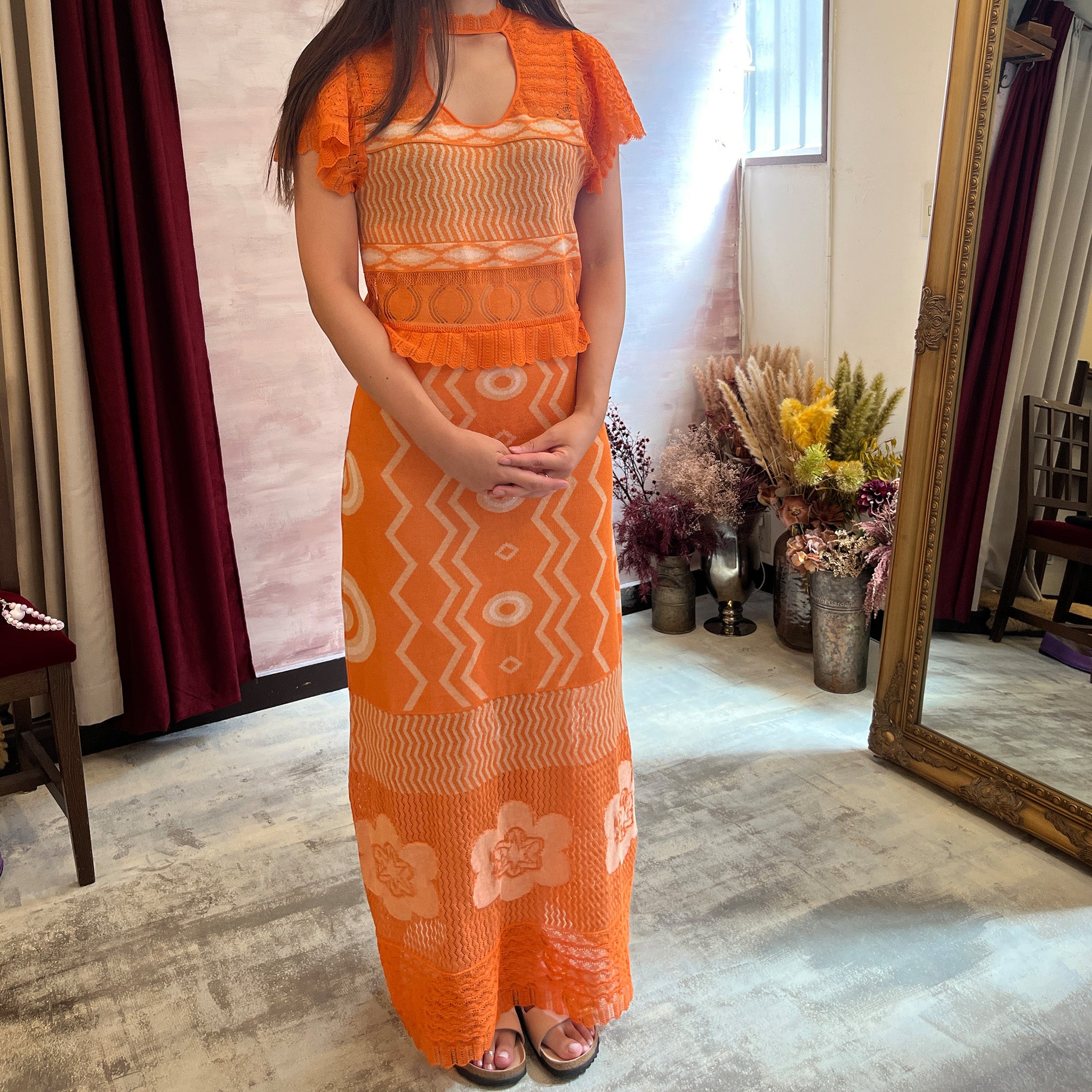 Wave-pattern lamé knitted dress Orange【予約販売：2026年3月～5月発送予定】
